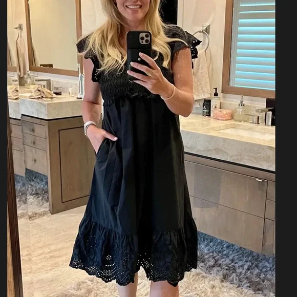 Rails Black Eyelet Midi Dress SMALL Smocked Cottage Ruffle Cotton Designer $268 - Picture 6 of 11